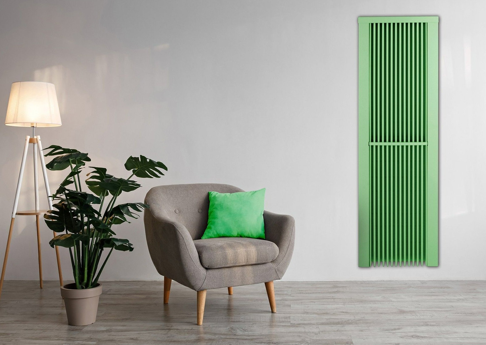 Green electric radiator in stylish living room