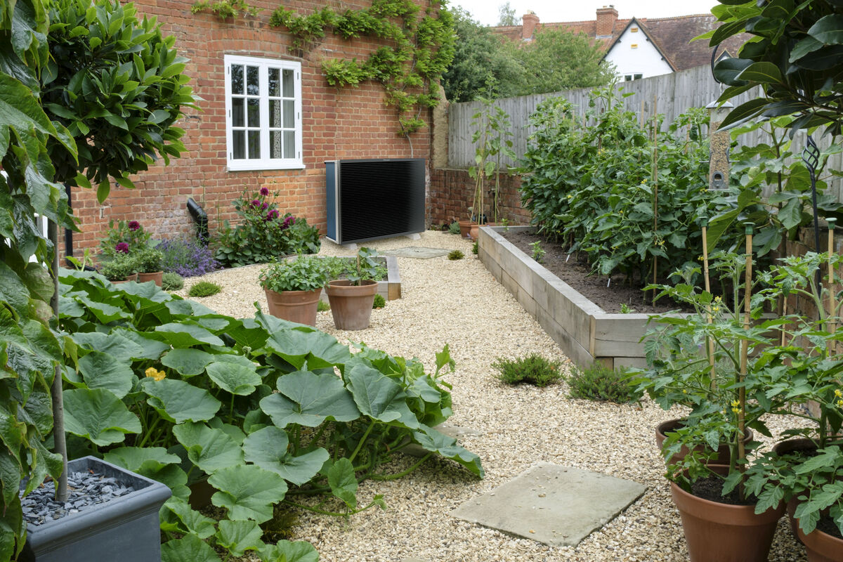 Daikin air source heat pump outdoor unit surrounded by lots of plants