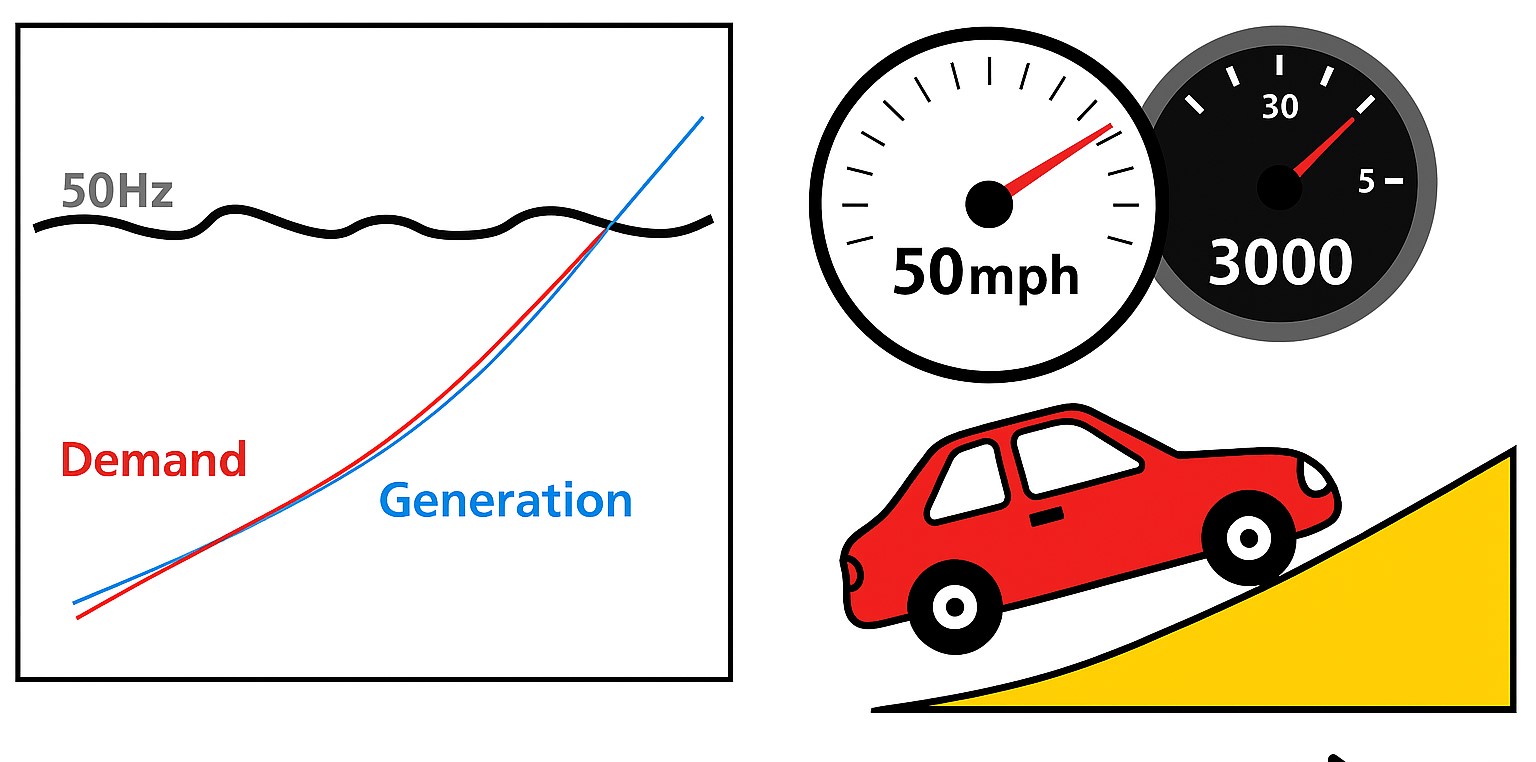 As the road becomes steeper (i.e. as demand picks up) the driver of the car needs to press the accelerator down even harder (i.e. to increase generation)