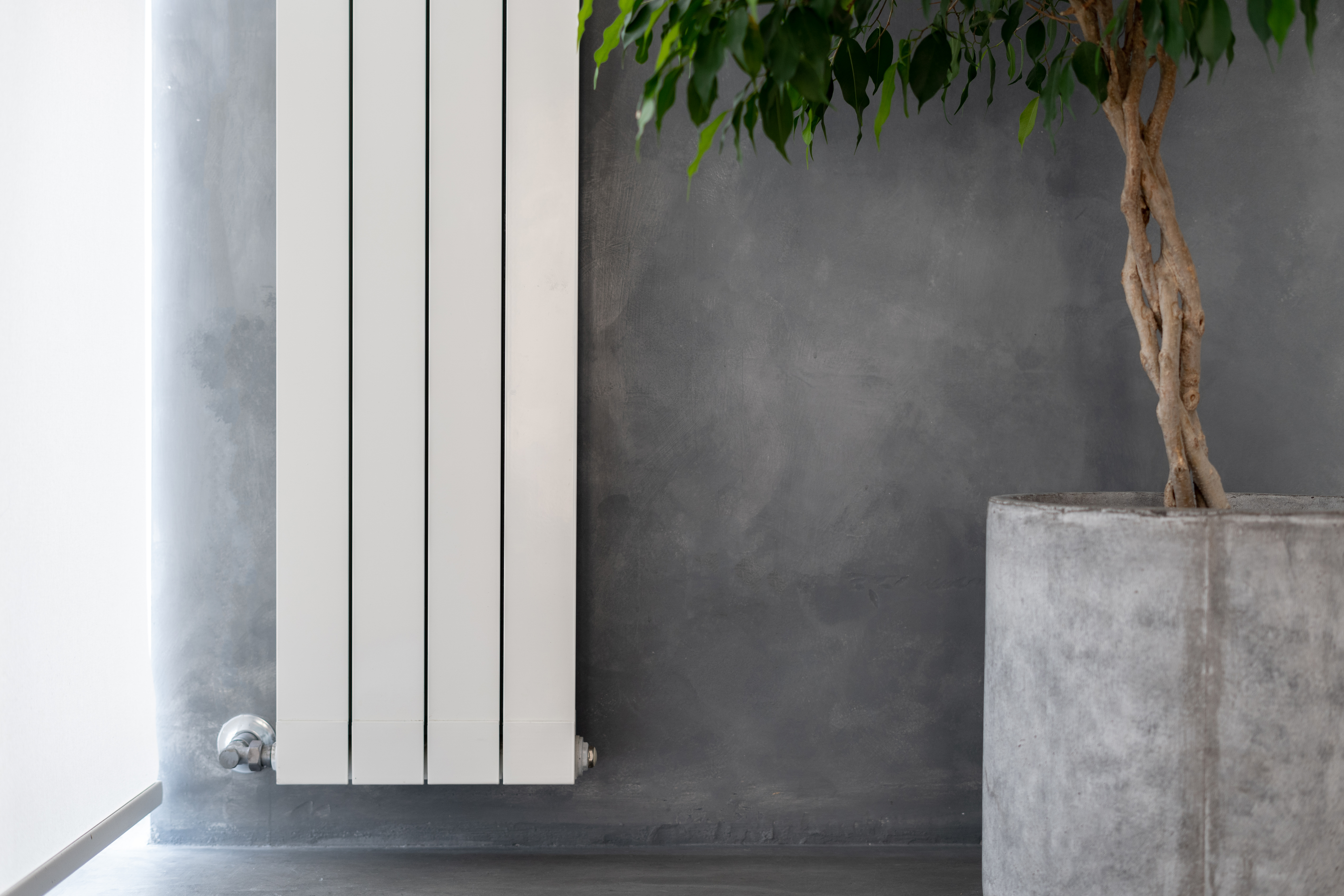A vertical white electric radiator on the wall next to a plant