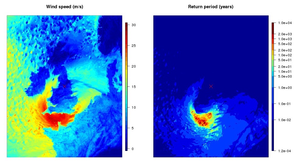 Image showing snapshot taken from storm Daria (25-26 January 1990) showing (a) wind speeds in m/s and (b) the respective site level return periods.