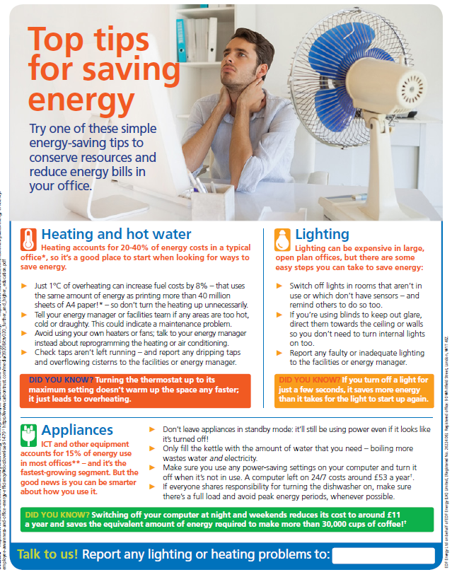 top tips for saving energy poster
