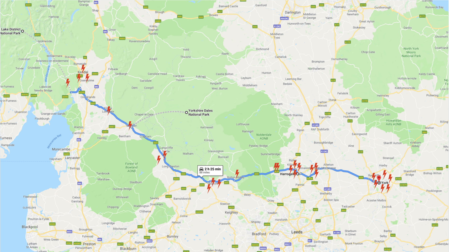 Map showing route Lake District to York trip