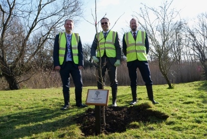 From L-R Hinkley Point B Station Director Mike Davies, EDF Chief Executive Simone Rossi and EDF Chief Nuclear Officer John Munro plant an Oak tree to mark the forthcoming jubilee