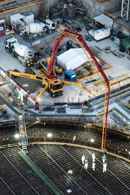 Over 20,000m3 of nuclear-grade concrete was poured using boom cranes.