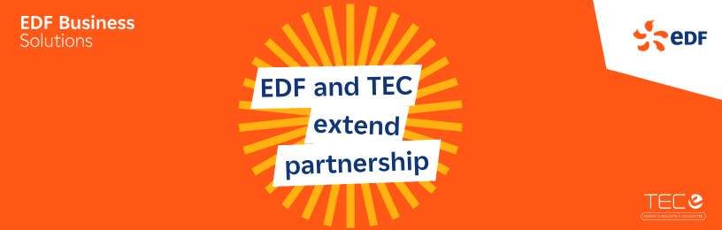 Orange EDF branded background, white text which reads "EDF and TEC extend partnership" in EDF Font