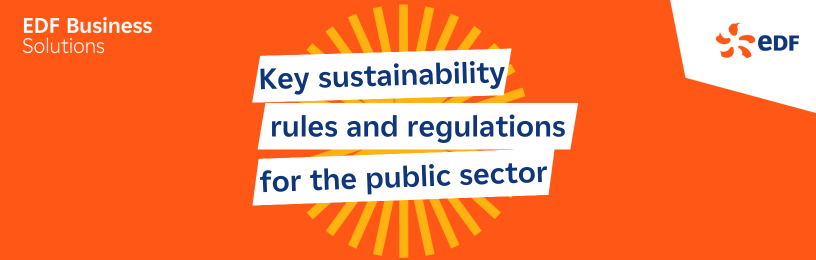 White text on orange background which reads 'Key Sustainability rules and regulations for the public sector'