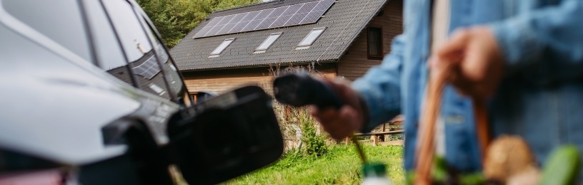 person plugging in EV with house and solar panels visible  