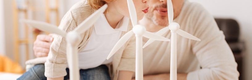 Man and boy looking at a scale model of a wind farm - Alternative energy sources