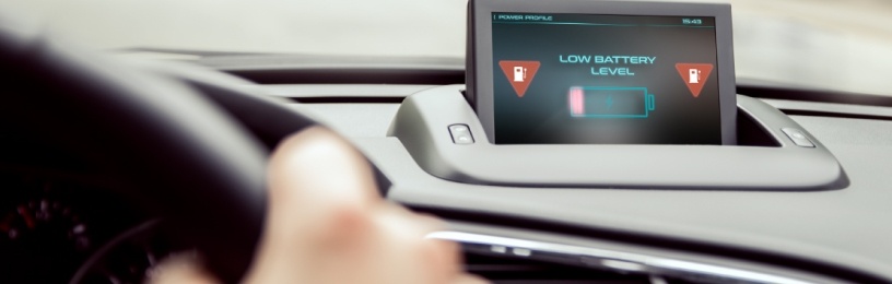 Range and battery charge on electric car dashboard