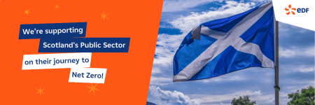Scottish Flag on EDF background - text reads 'we're supporting Scotland's Public Sector on their journey to Net Zero'