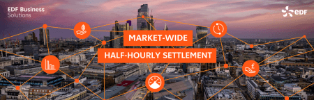 Banner with cityscape and orange call-out text 'Market-Wide Half-Hourly Settlement'