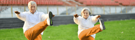 Two people stretching