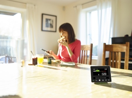 Lady at the kitchen table with smart meter in the foreground