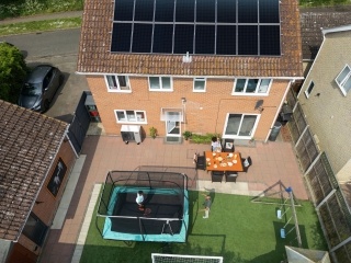 Aerial shot of home with solar panels