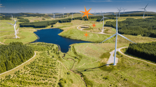 Wind turbines on a grassy plane