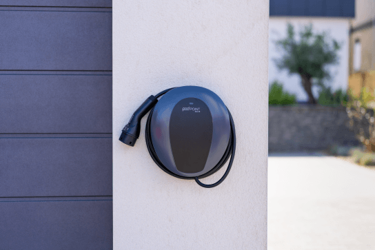 Solo 3S Tethered EV home charger on a wall ready to charge an EV