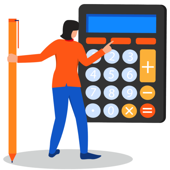 Illustration of a woman with giant calculator and pencil