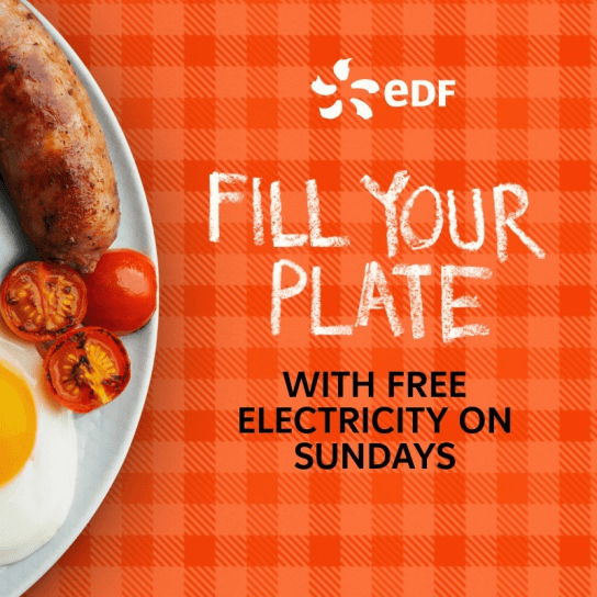 Image of a breakfast fry up on a orange gingham table cloth, with the EDF logo and writing saying Fill Your Plate with free electricity on Sundays