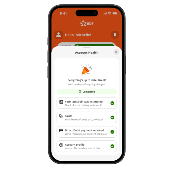 EDF mobile app Account Health screen showing an overview of account status and highlighting any actions needed for payments, billing, tariffs or smart meter upgrades.