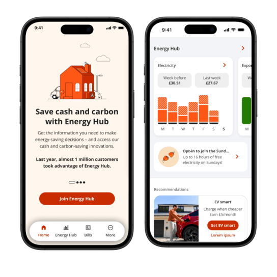App screens showing Energy Hub home screen and energy data screen
