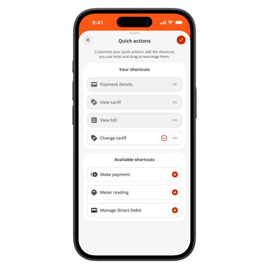EDF mobile app home screen featuring quick access to common tasks including payments, meter readings, energy usage and account management.