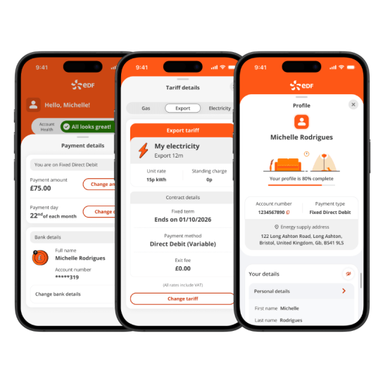 App screens showing payment, profile and tariff details screens