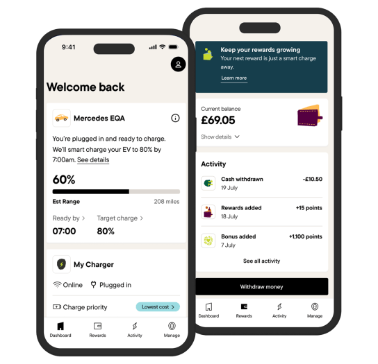 Screens showing the Pod Home app dashboard and reward wallet.