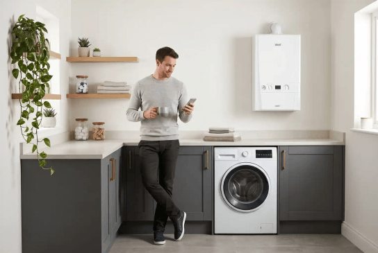 Person standing in a kitchen setting with an Ideal boiler in the background