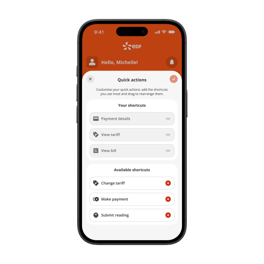 EDF mobile app home screen featuring quick access to common tasks including payments, meter readings, energy usage and account management.
