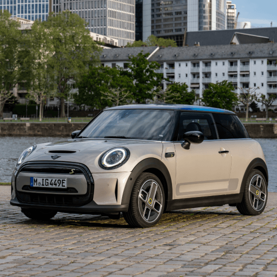Side view of MINI Cooper Electric in grey 