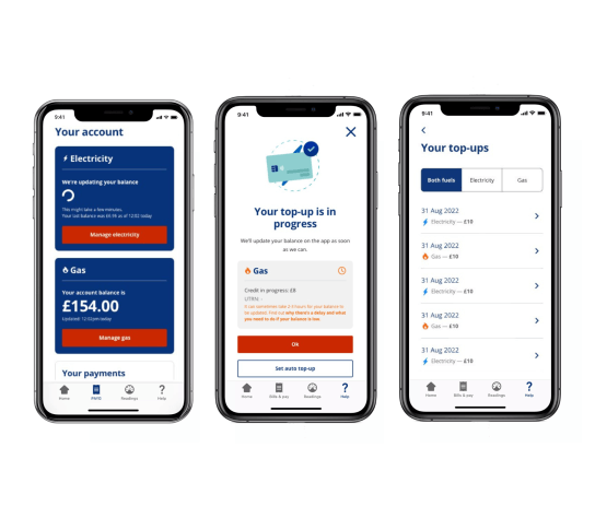 Screenshots of the free EDF mobile app, displaying how Pay As You Go customers can use the app to top up, set low balance alerts and more!