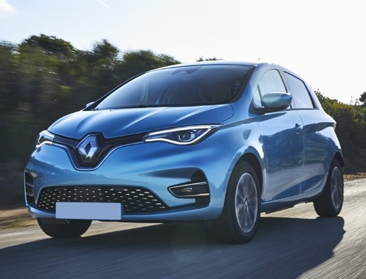 Renault Zoe in blue driving on the road