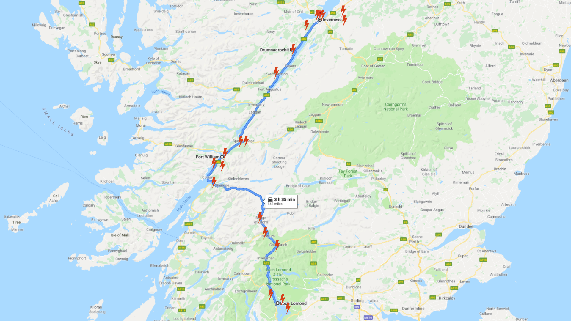 Map image showing route Inverness to Loch Lomond 