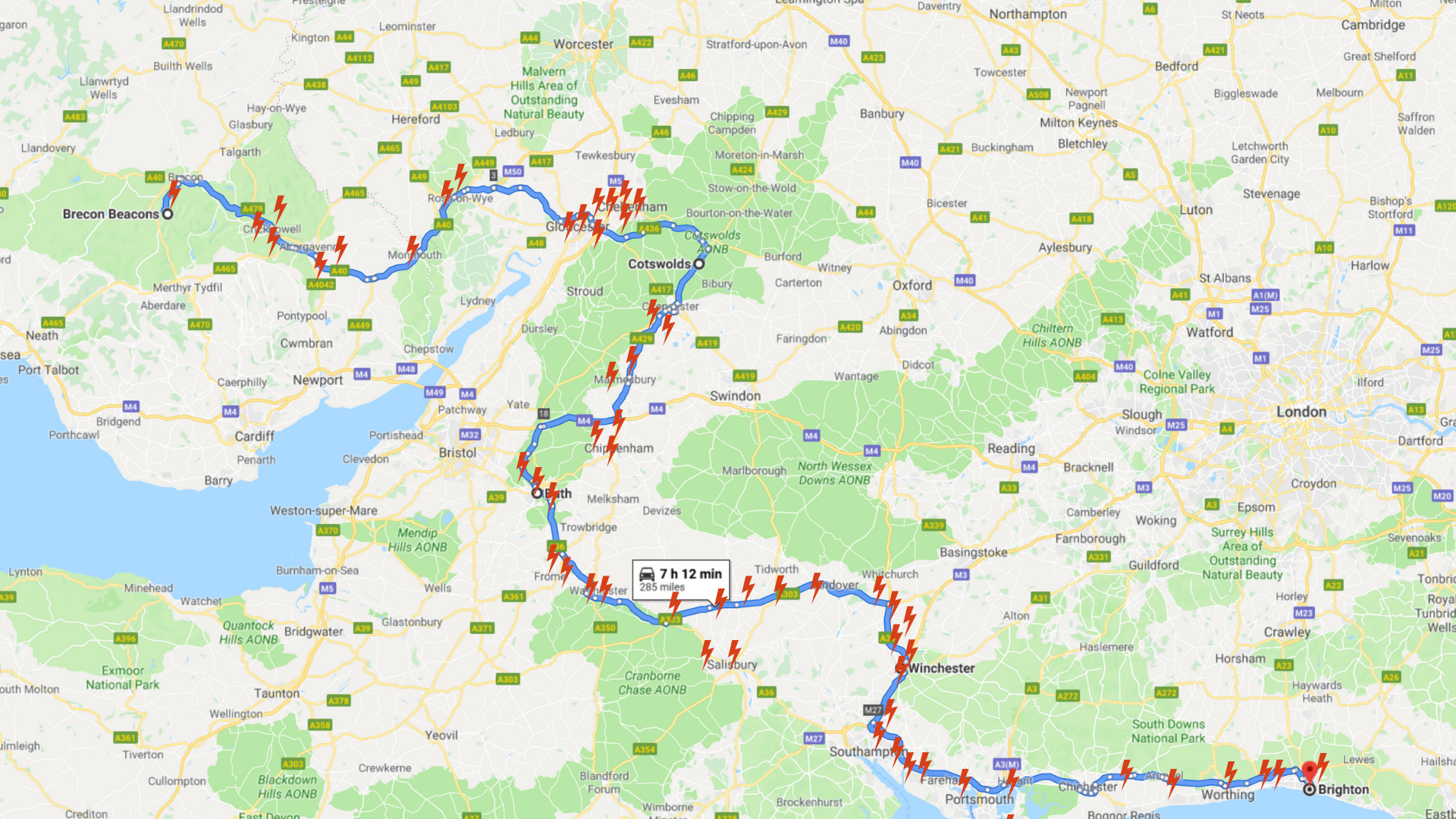 map image showing route Brecon Beacons to Brighton