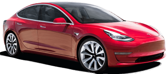 tesla model 3 in red 3/4 angle